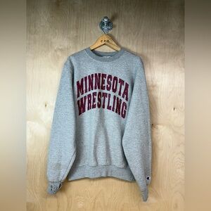 Champion Gray Crewneck Sweatshirt with Maroon Minnesota Wrestling Logo